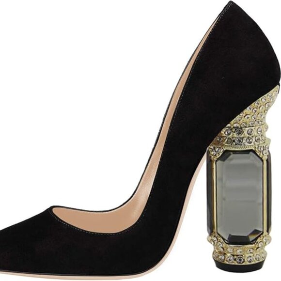 Size 11 FSJ bridal pointed toe crystal high heel pump, black suede - Picture 8 of 11